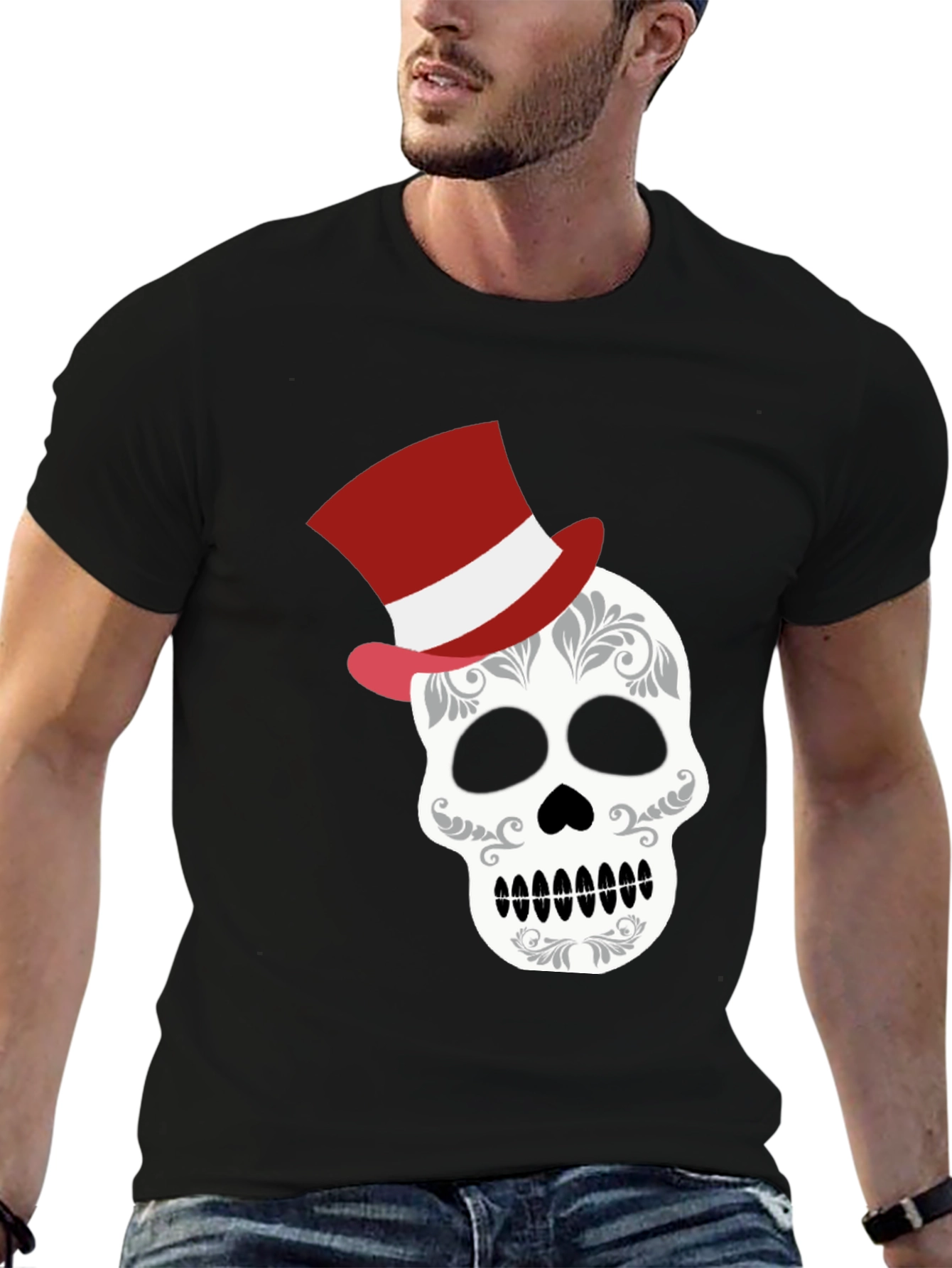 Black Skull Top Hat Graphic Tee - Unique Fashion view 6