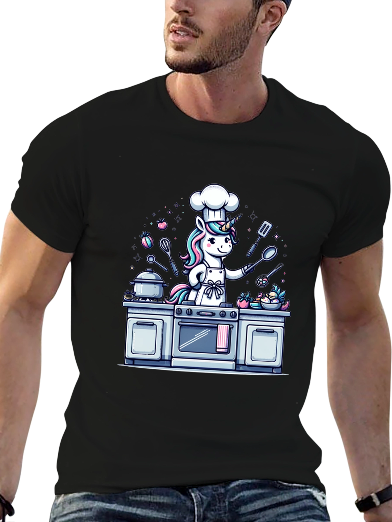Black Unicorn Chef T-Shirt - Cartoon Graphic Tee view 6