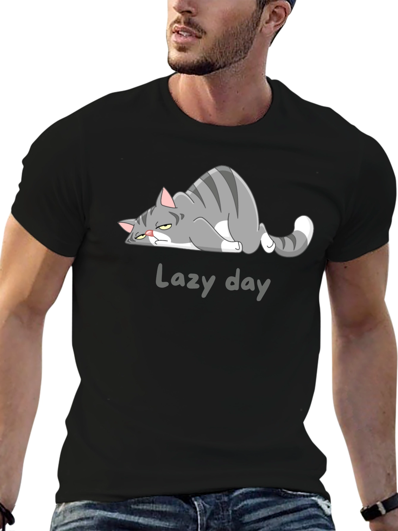 Black Lazy Day Cat Graphic Tee - Black Casual T-Shirt view 6