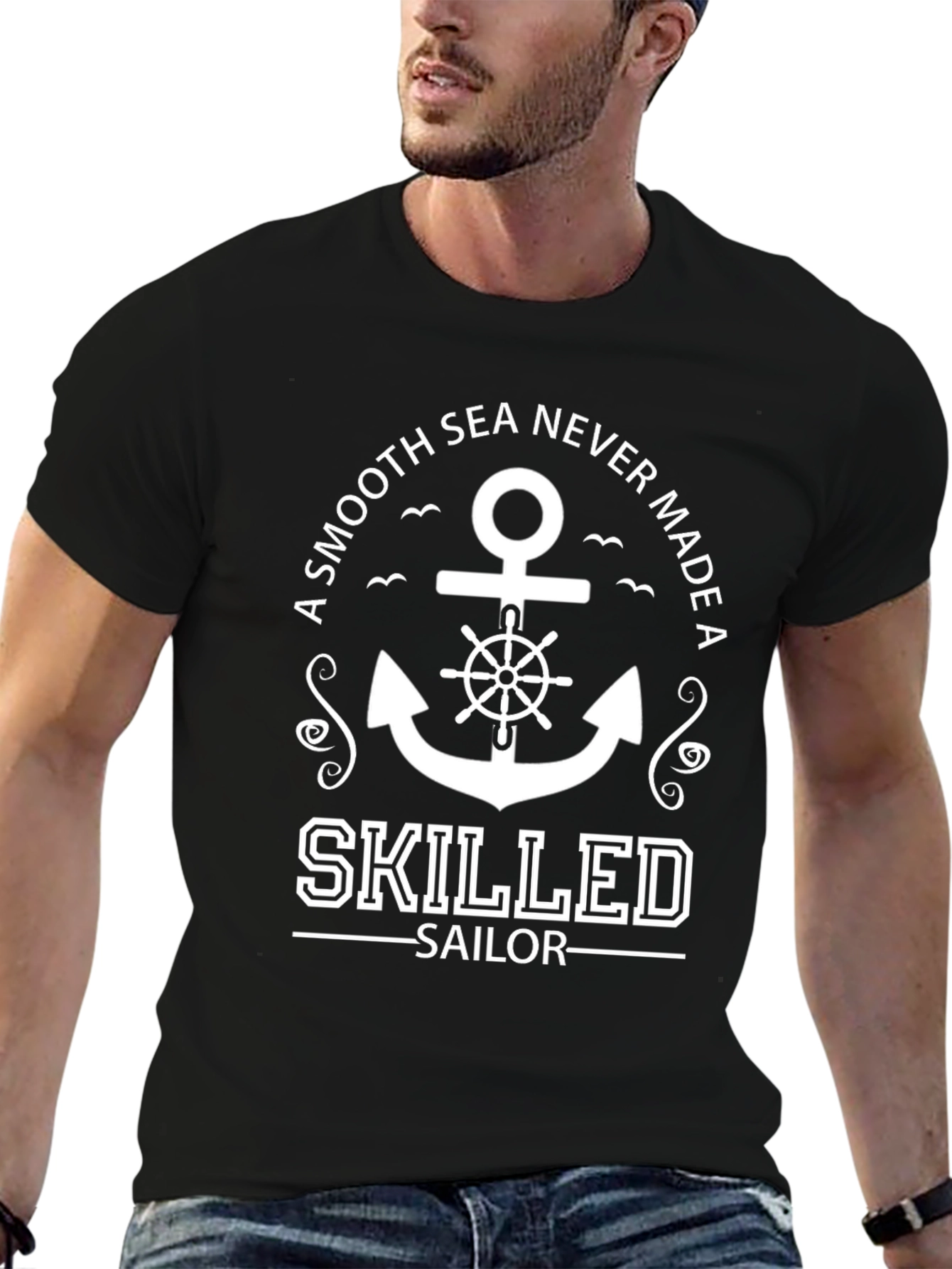 Black Skilled Sailor Anchor Graphic Black T-Shirt view 6