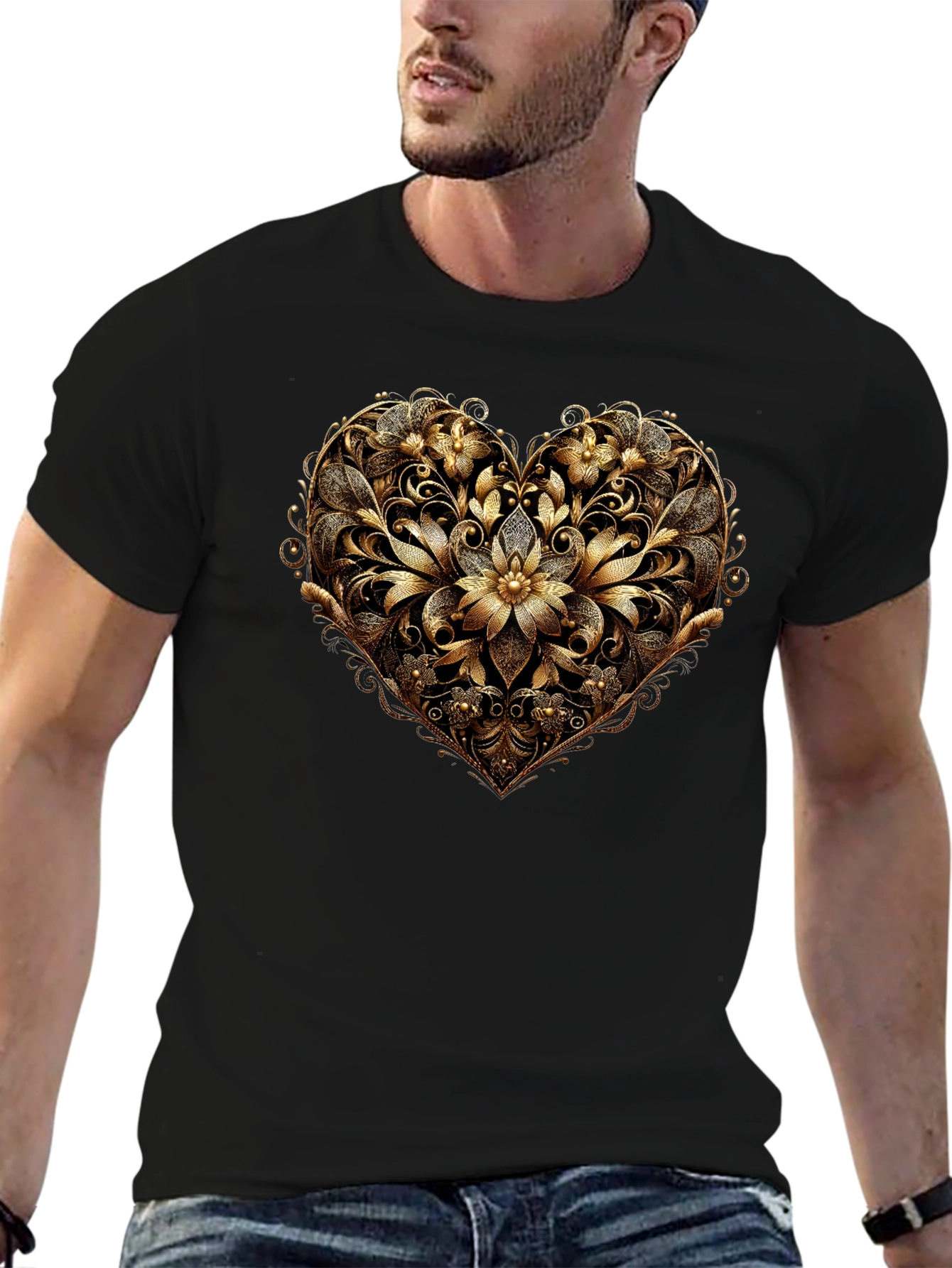 Black Golden Floral Heart Black T-Shirt view 6