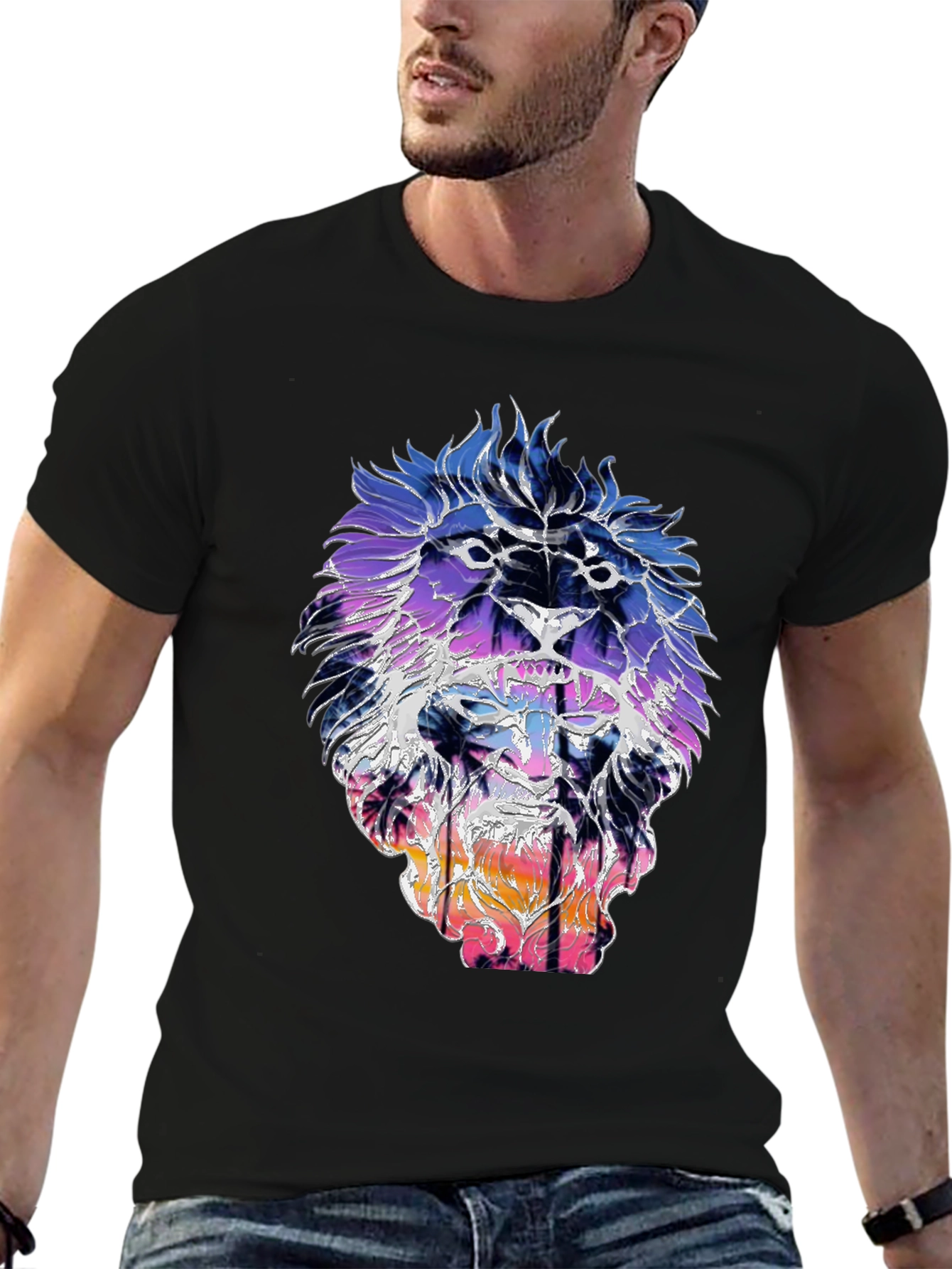 Black Lion Sunset Graphic Tee - Trendy Men's Black T-Shirt view 6