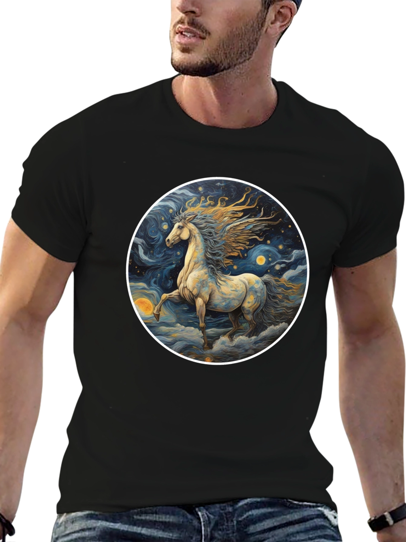 Black Celestial Horse Graphic Tee - Starry Night Design view 6