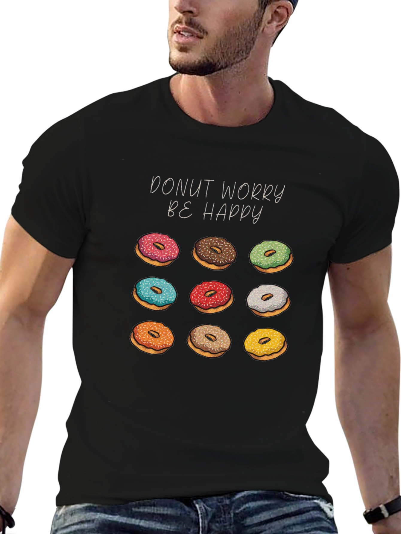 Black Donut Worry Be Happy Black Graphic Tee view 6
