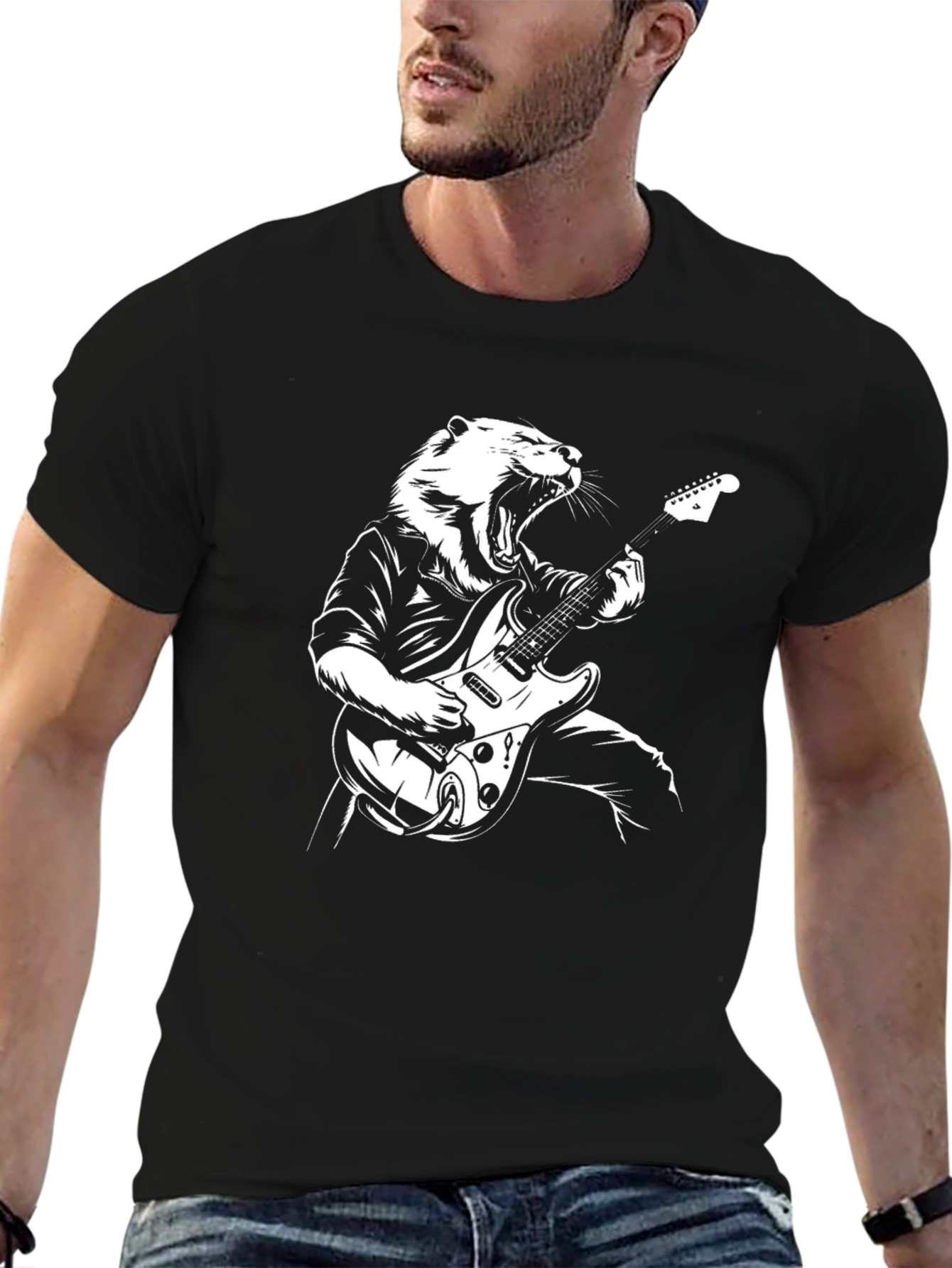 Black Tiger Guitarist Graphic Tee - Black Crew Neck view 6