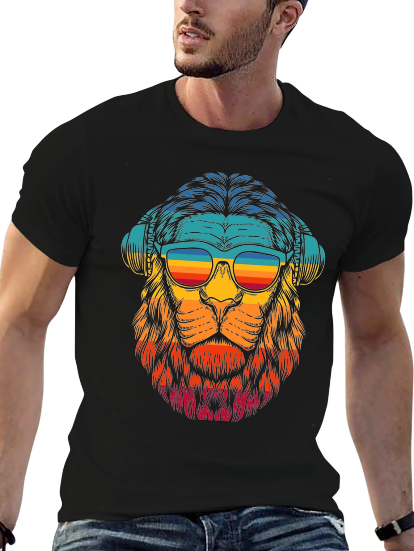 Black Retro Lion Graphic Tee - Black Cotton Blend view 6
