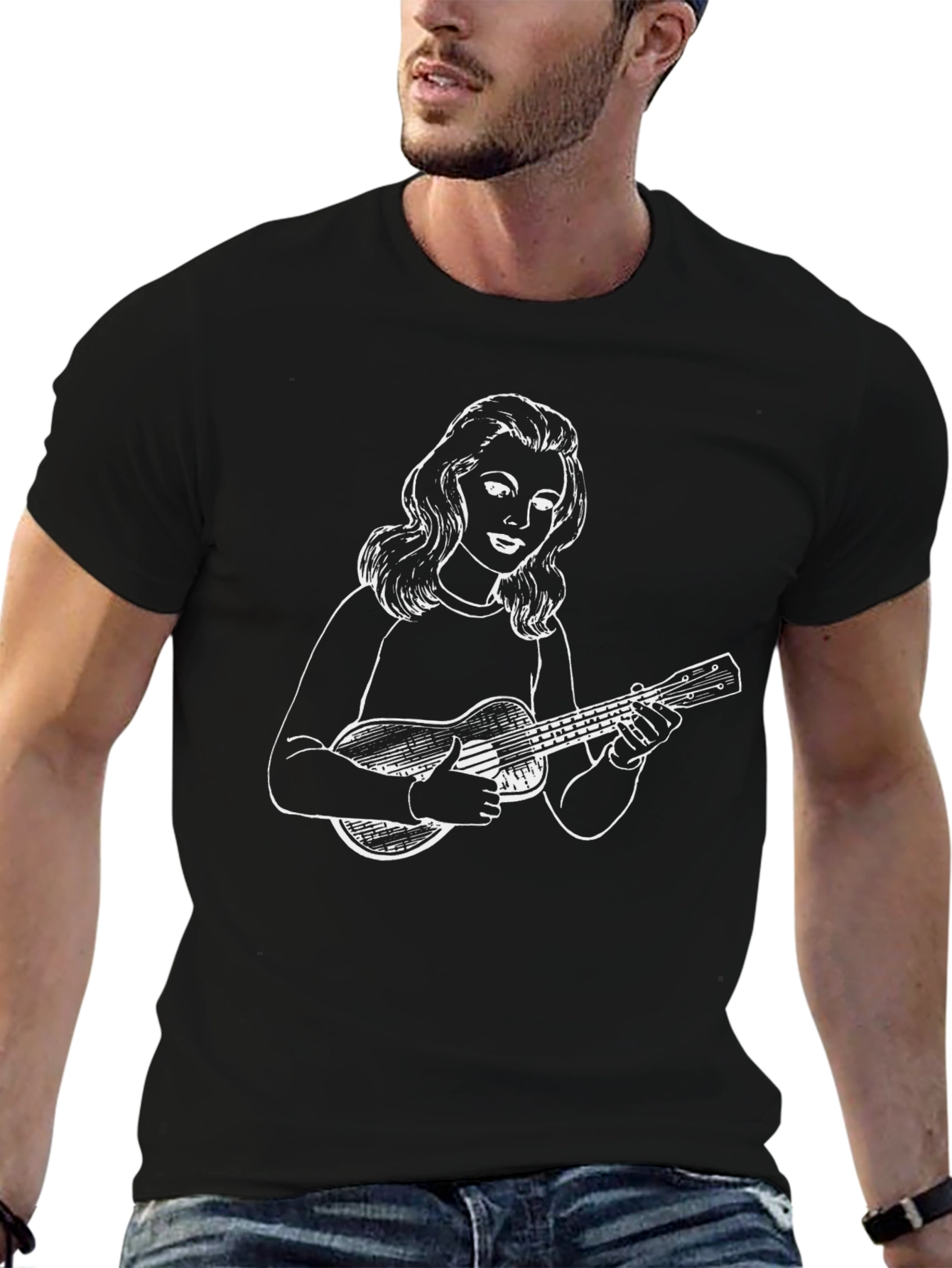 Black Ukulele Girl Graphic Tee - Black Cotton Casual Shirt view 6