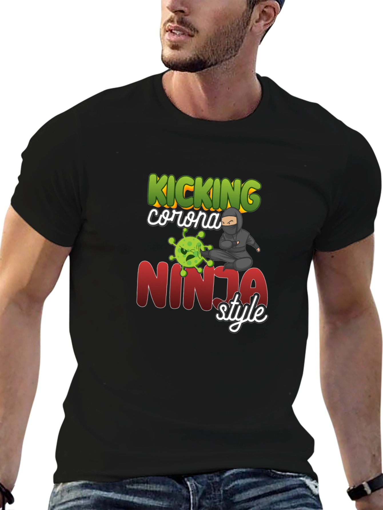 Black Kicking Corona Ninja Style T-Shirt view 6