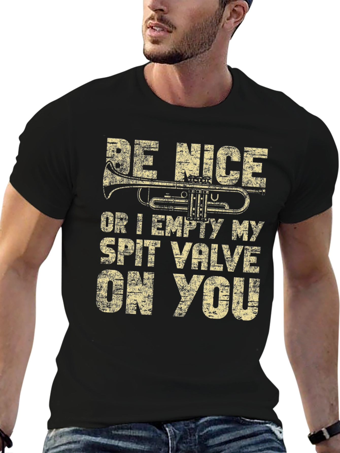 Black Funny Musician T-Shirt - Be Nice or Spit Valve! view 6