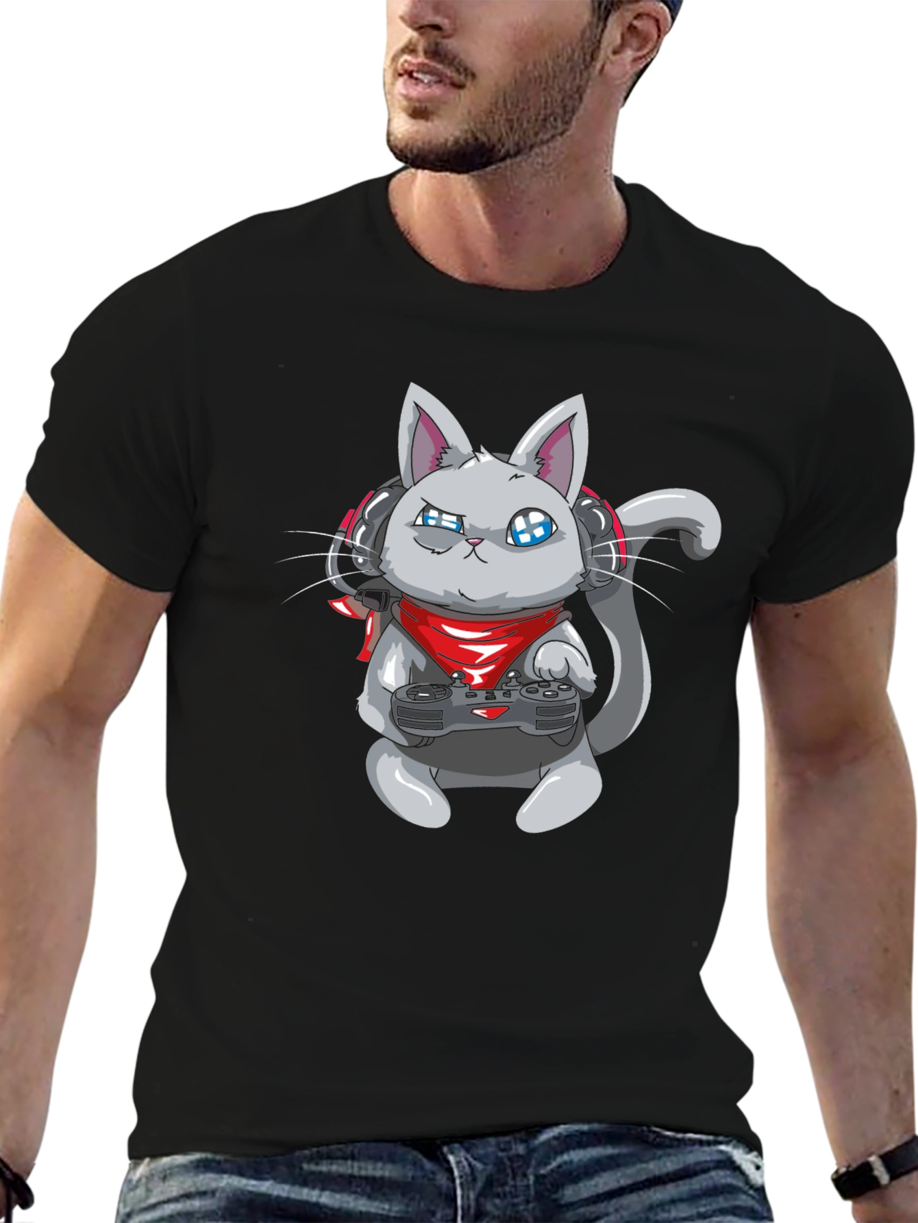 Black Gamer Cat Black T-Shirt - Gaming Cartoon Tee view 6