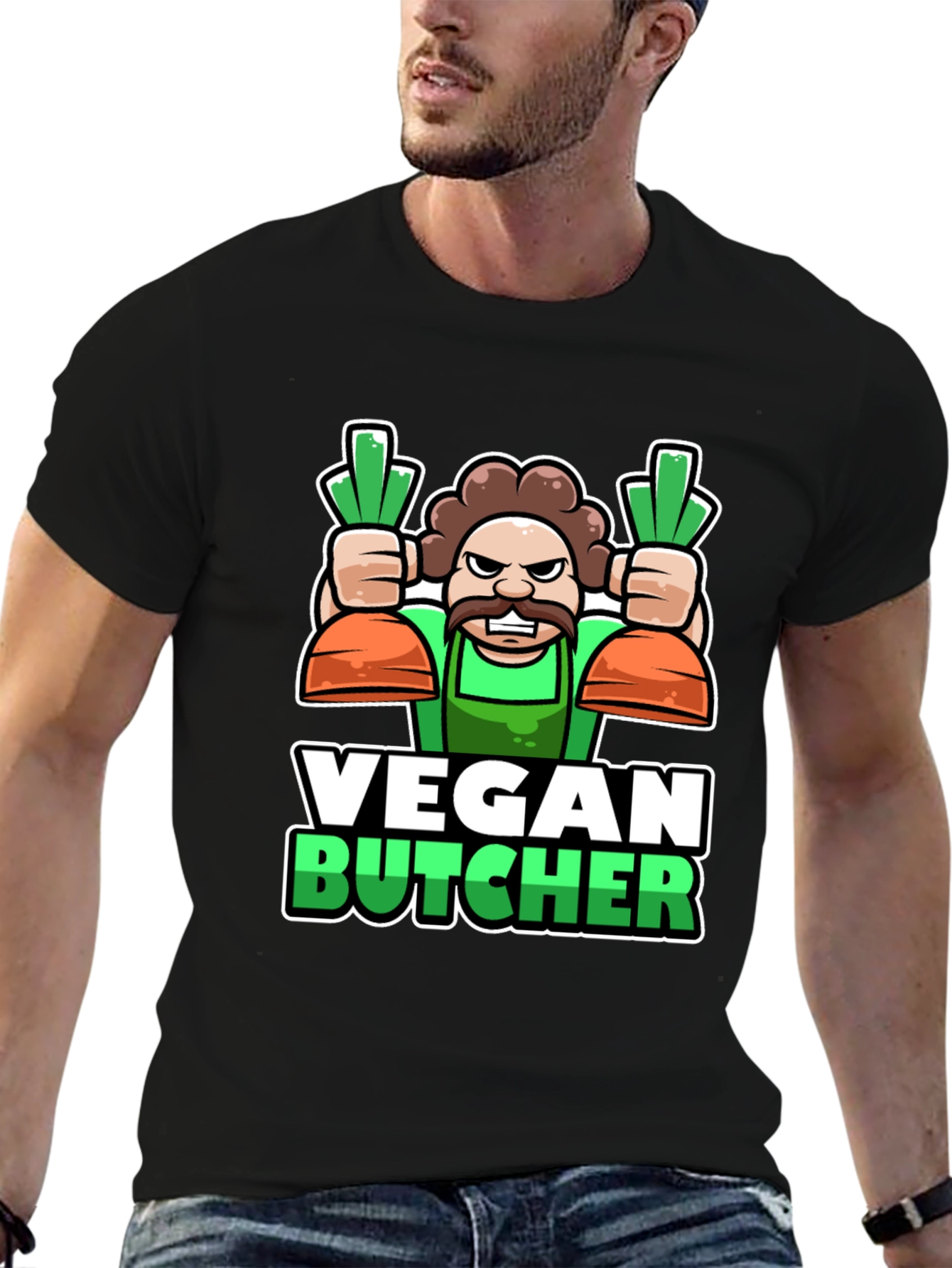 Black Vegan Butcher T-Shirt: Cartoon Carrot Design view 6