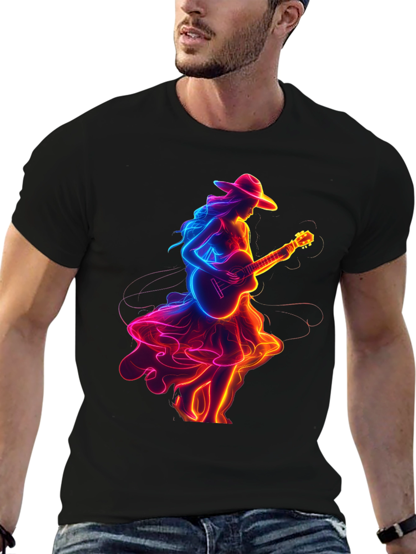 Black Neon Guitar Girl Graphic Tee view 6
