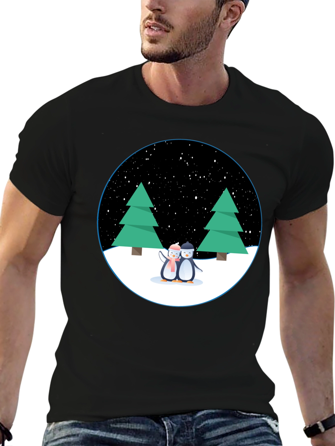 Black Penguin Winter Scene Black T-Shirt view 6
