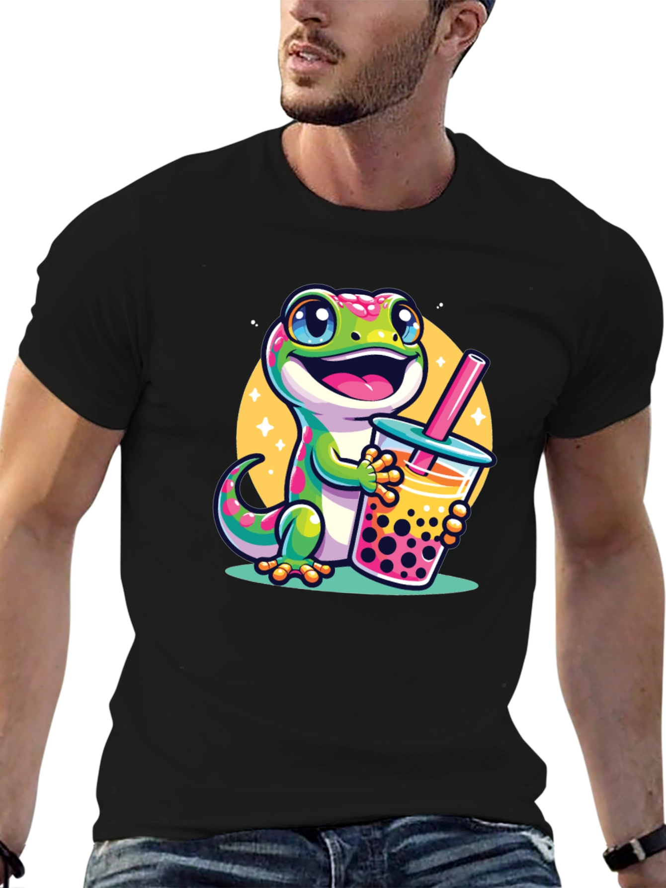 Black Cute Gecko Boba Tea Graphic T-Shirt view 6