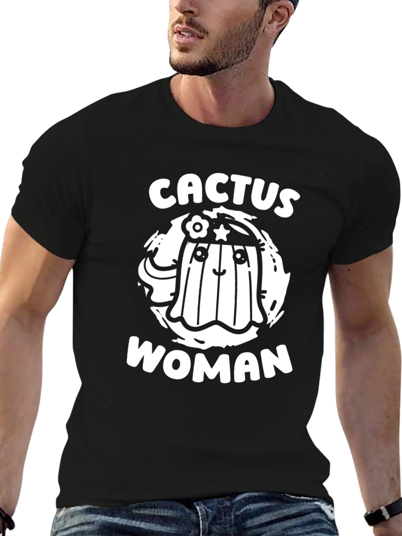 Black Cactus Woman Graphic Tee - Fun Novelty T-Shirt view 6