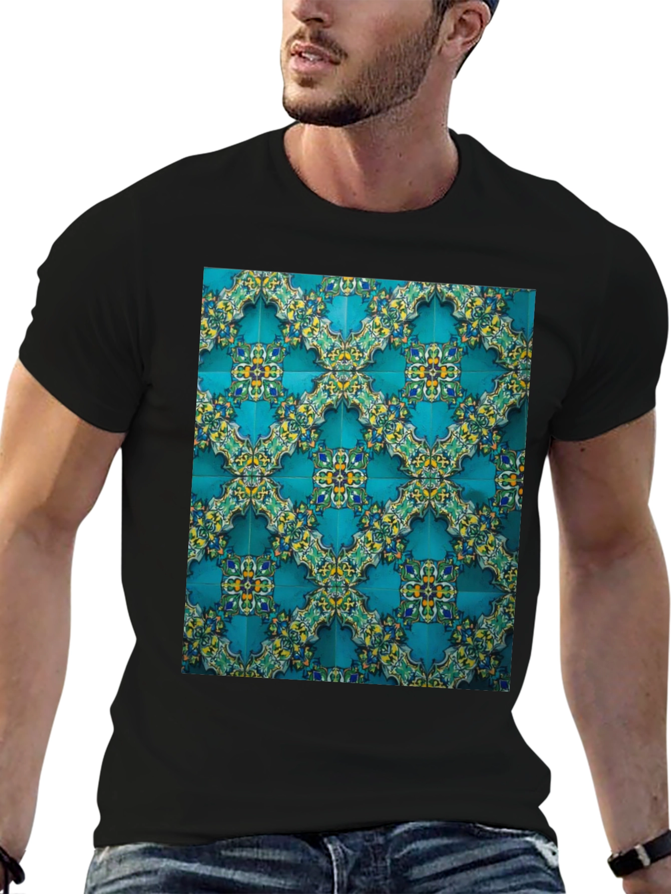 Black Patterned Tile Print Crew Neck Tee view 6