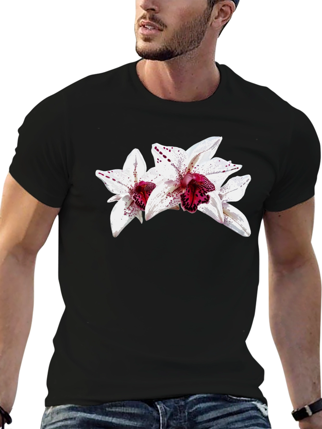 Black Floral Orchid Graphic Black T-Shirt view 6