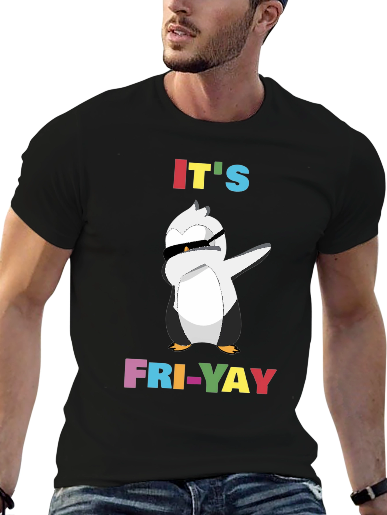 Black It's Fri-Yay Penguin Dabbing T-Shirt view 6