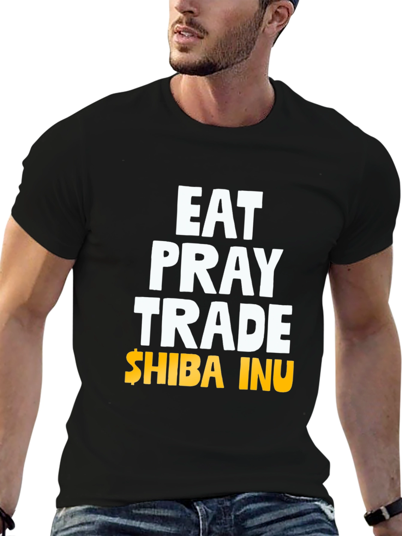 Black Eat Pray Trade Shiba Inu T-Shirt view 6