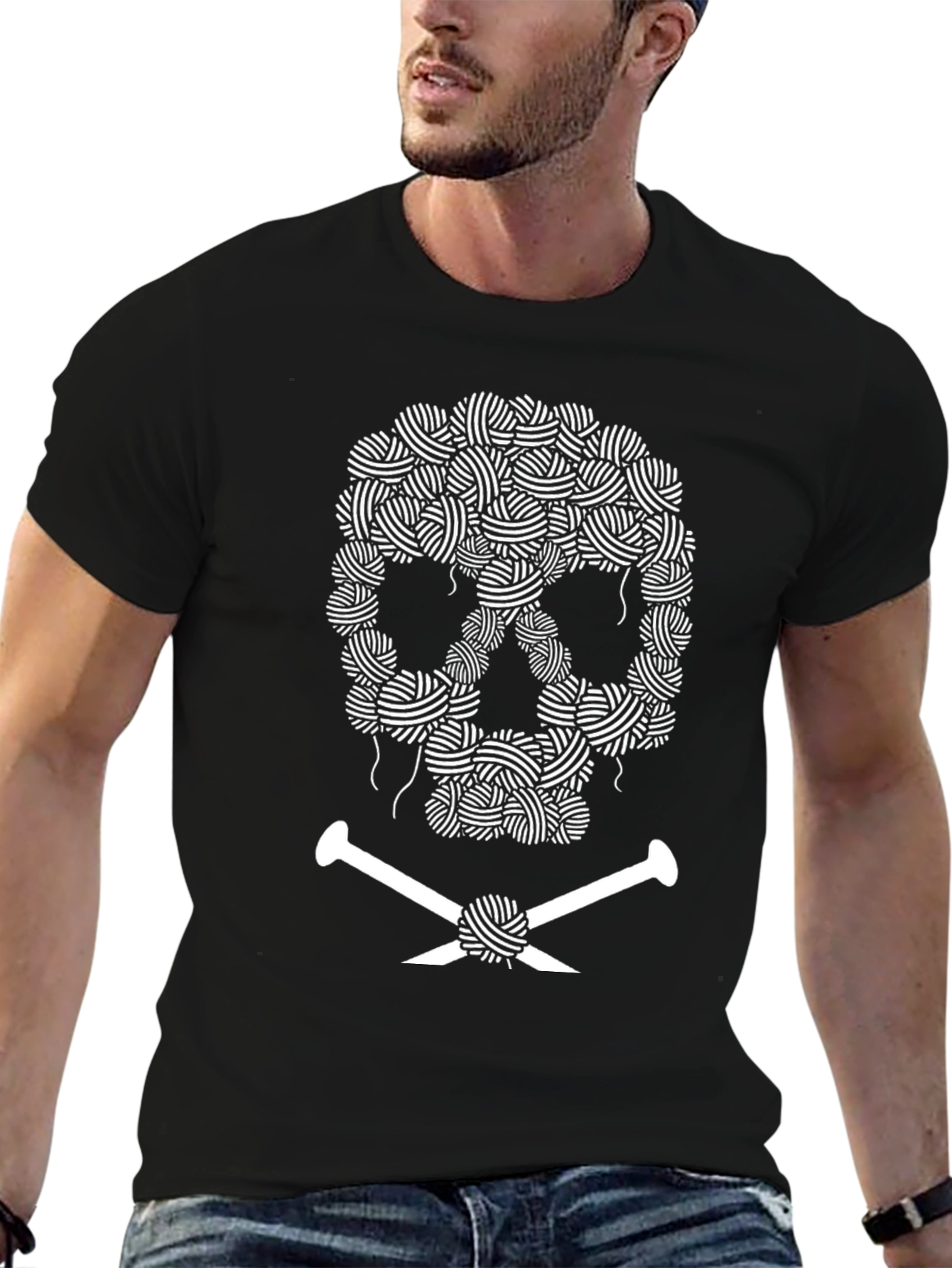 Black Knitting Skull Graphic Tee - Yarn Lover's Shirt view 6
