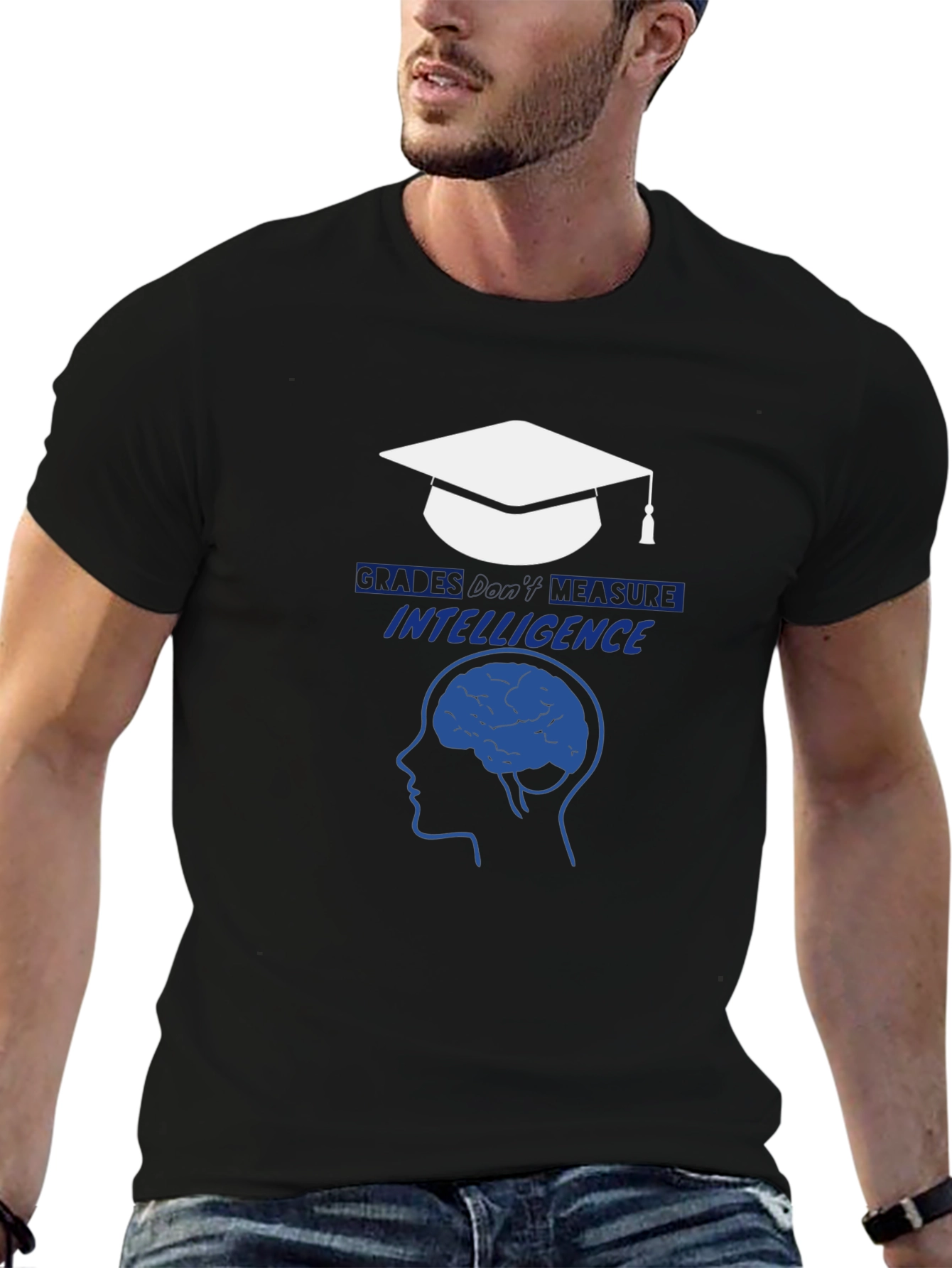 Black Intelligence T-Shirt - Graduation Cap & Brain Design view 6
