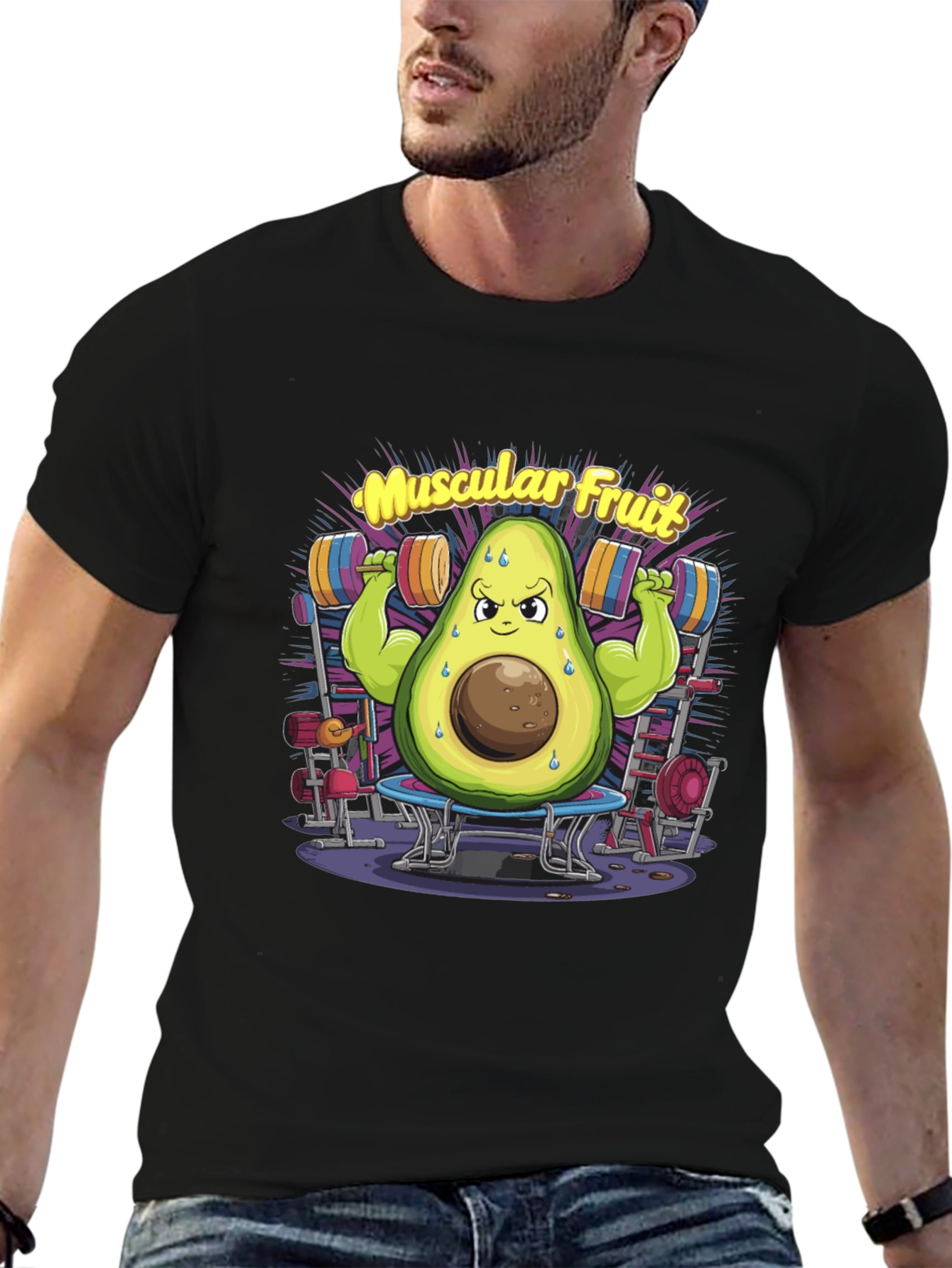 Black Muscular Fruit Avocado Black T-Shirt view 6