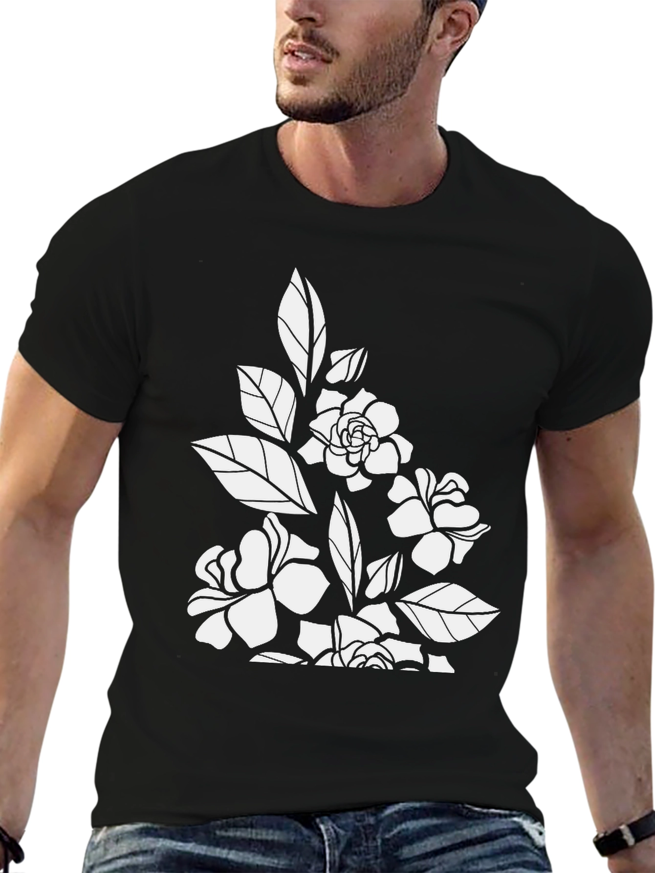 Black Floral Graphic T-Shirt - Black Cotton Tee view 6