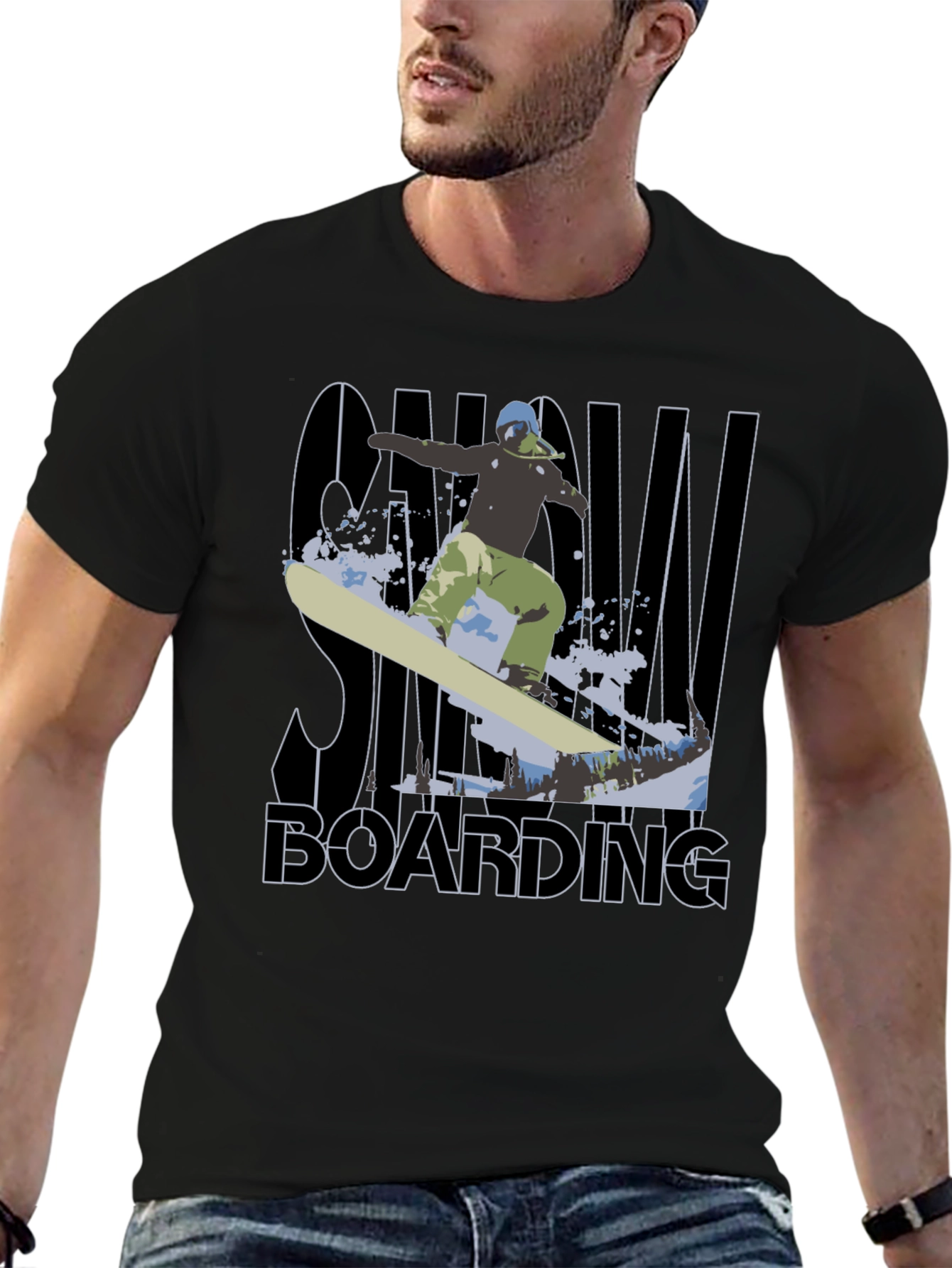 Black Snowboarding Graphic Tee - Black Cotton T-Shirt view 6