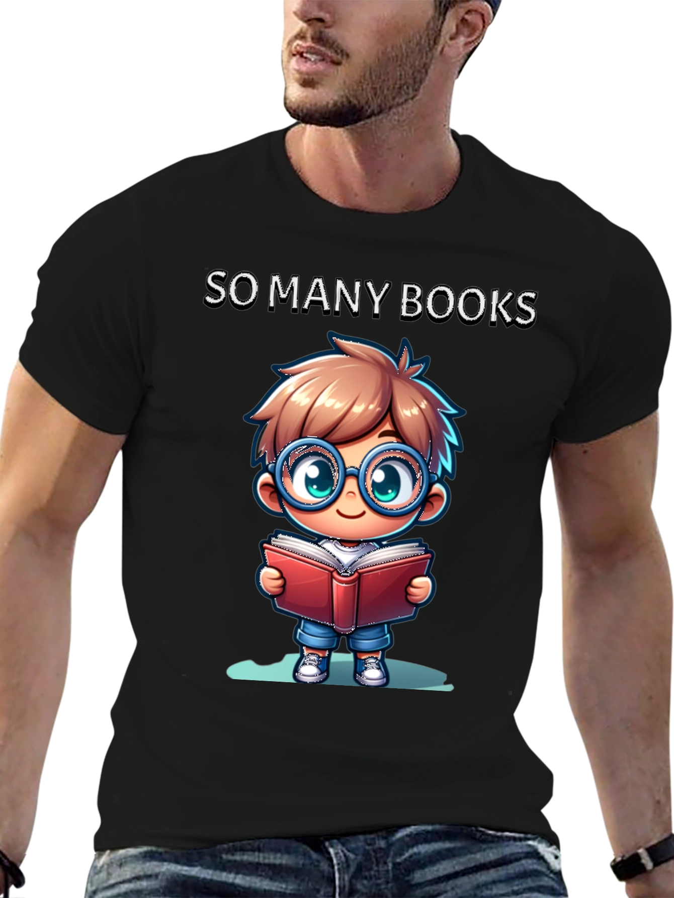 Black So Many Books T-Shirt: Cartoon Boy Reader view 6