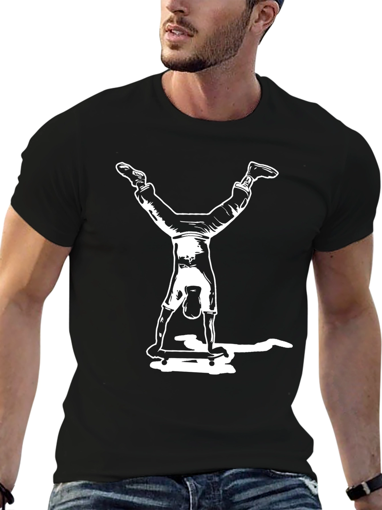 Black Skateboard Handstand Graphic Tee - Black Cotton Casual T-Shirt view 6