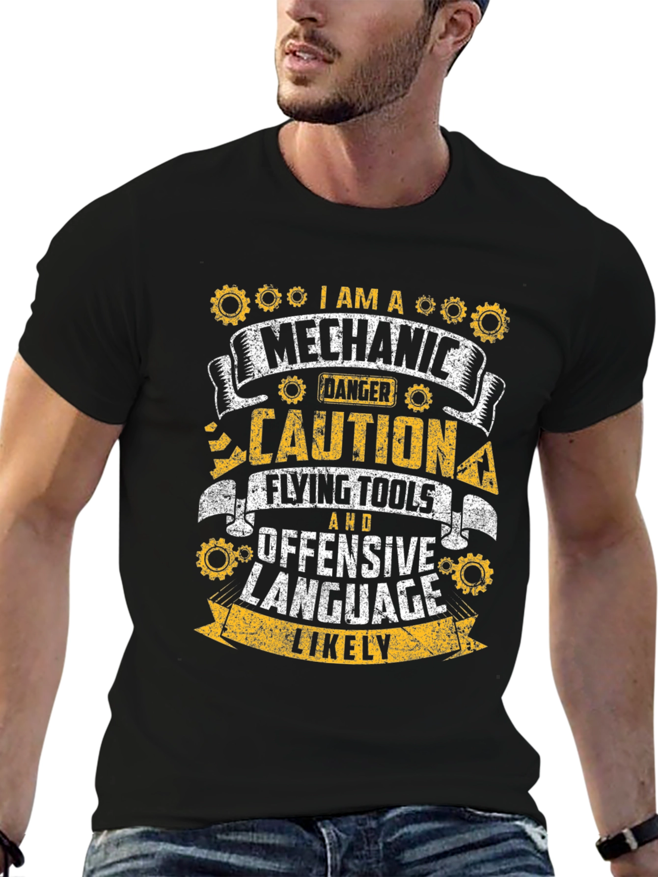 Black Mechanic Danger Caution Flying Tools T-Shirt view 6