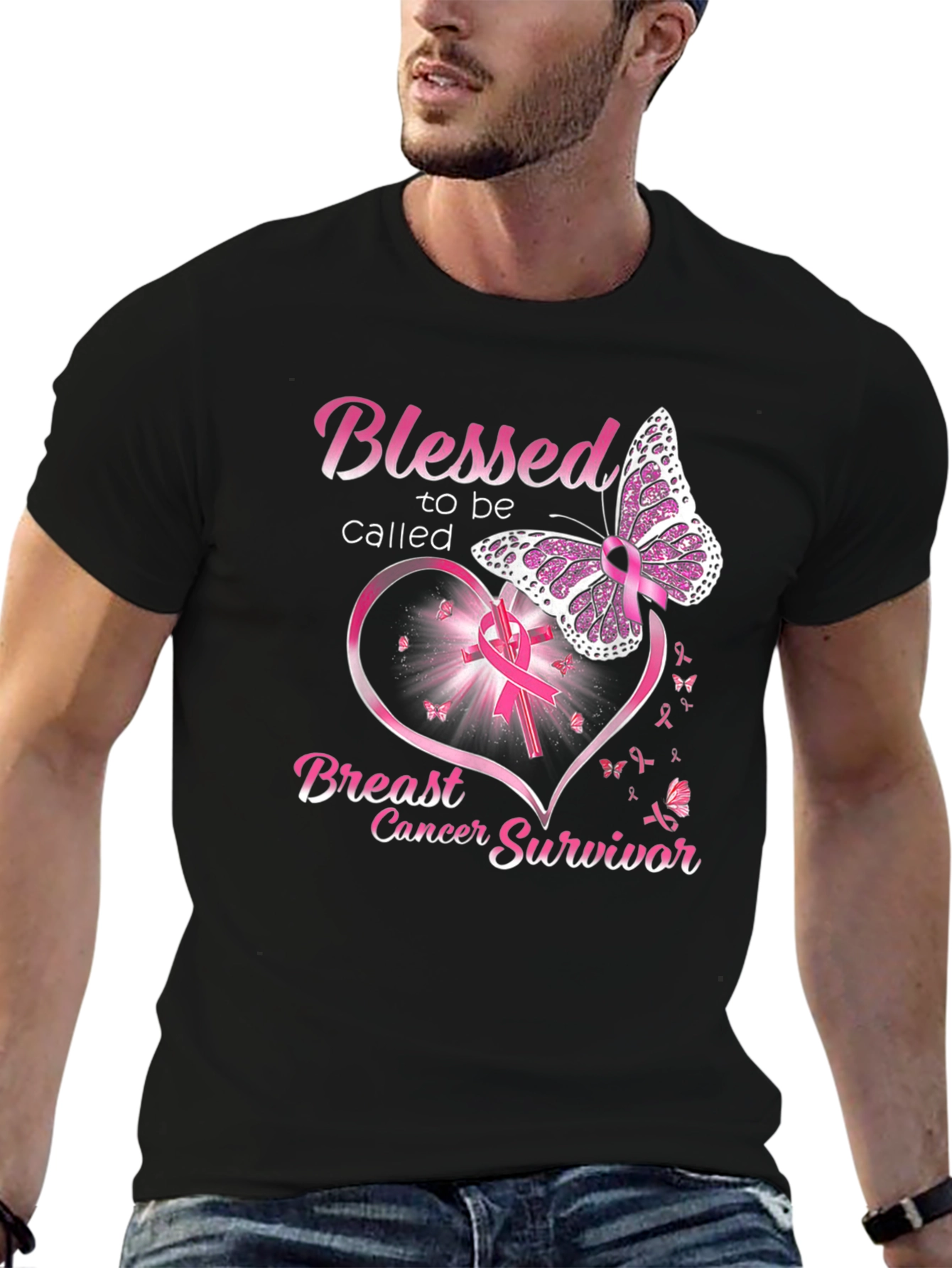 Black Breast Cancer Survivor Butterfly T-Shirt view 6