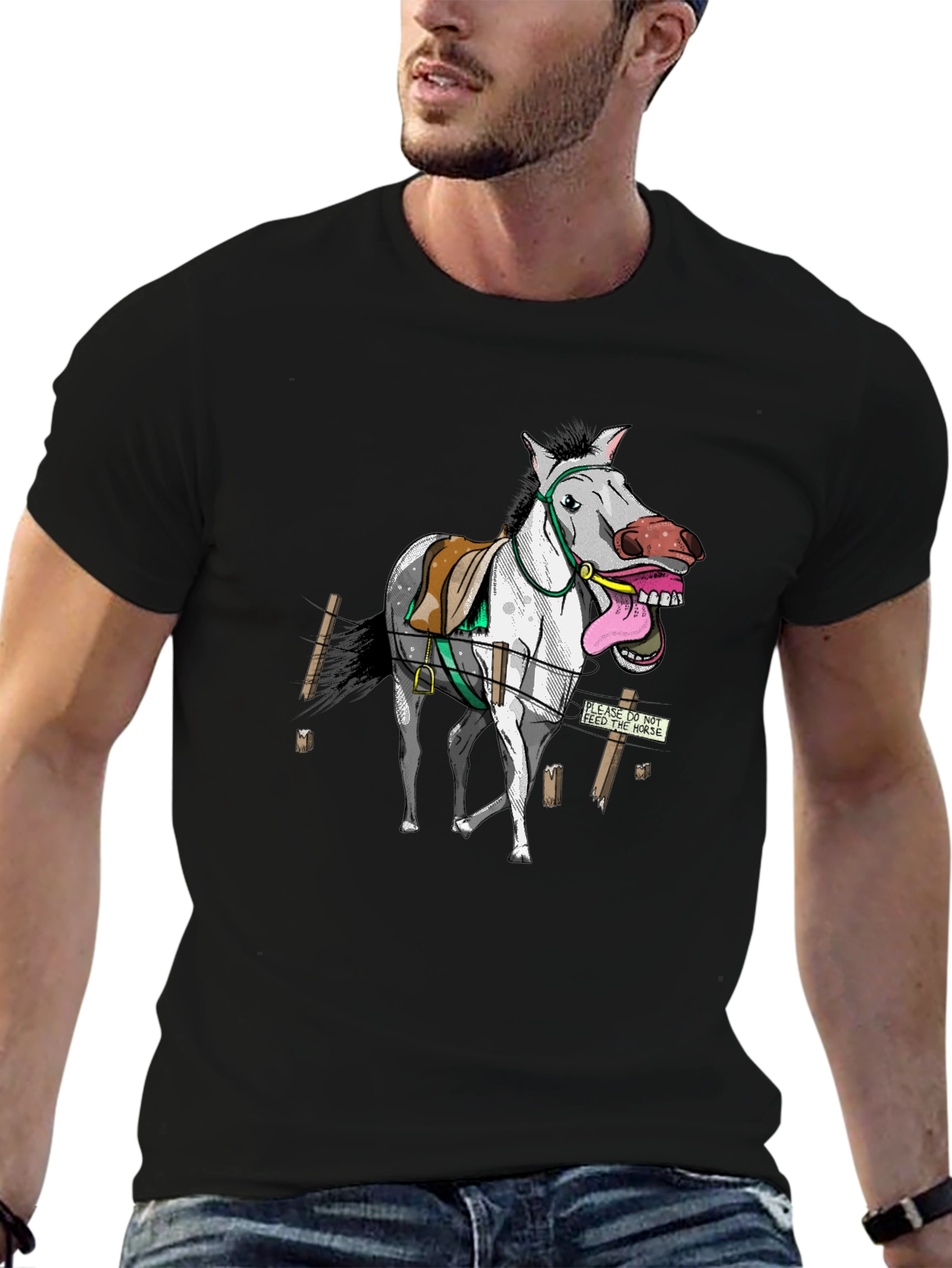 Black Funny Horse Graphic Tee - Black Cotton T-Shirt view 6