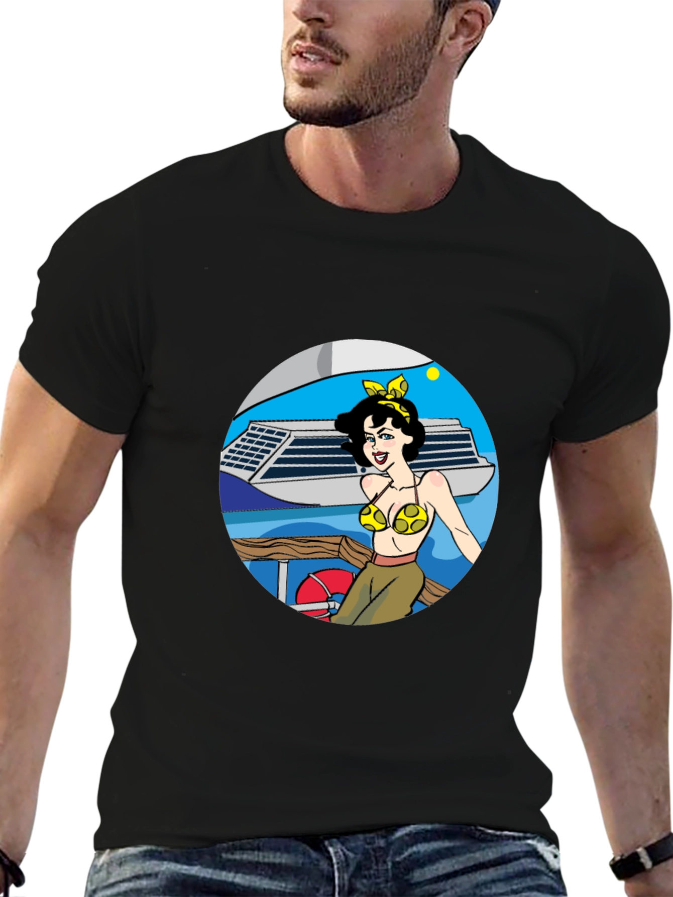Black Cartoon Woman on Boat Graphic Tee - Black Cotton Blend view 6