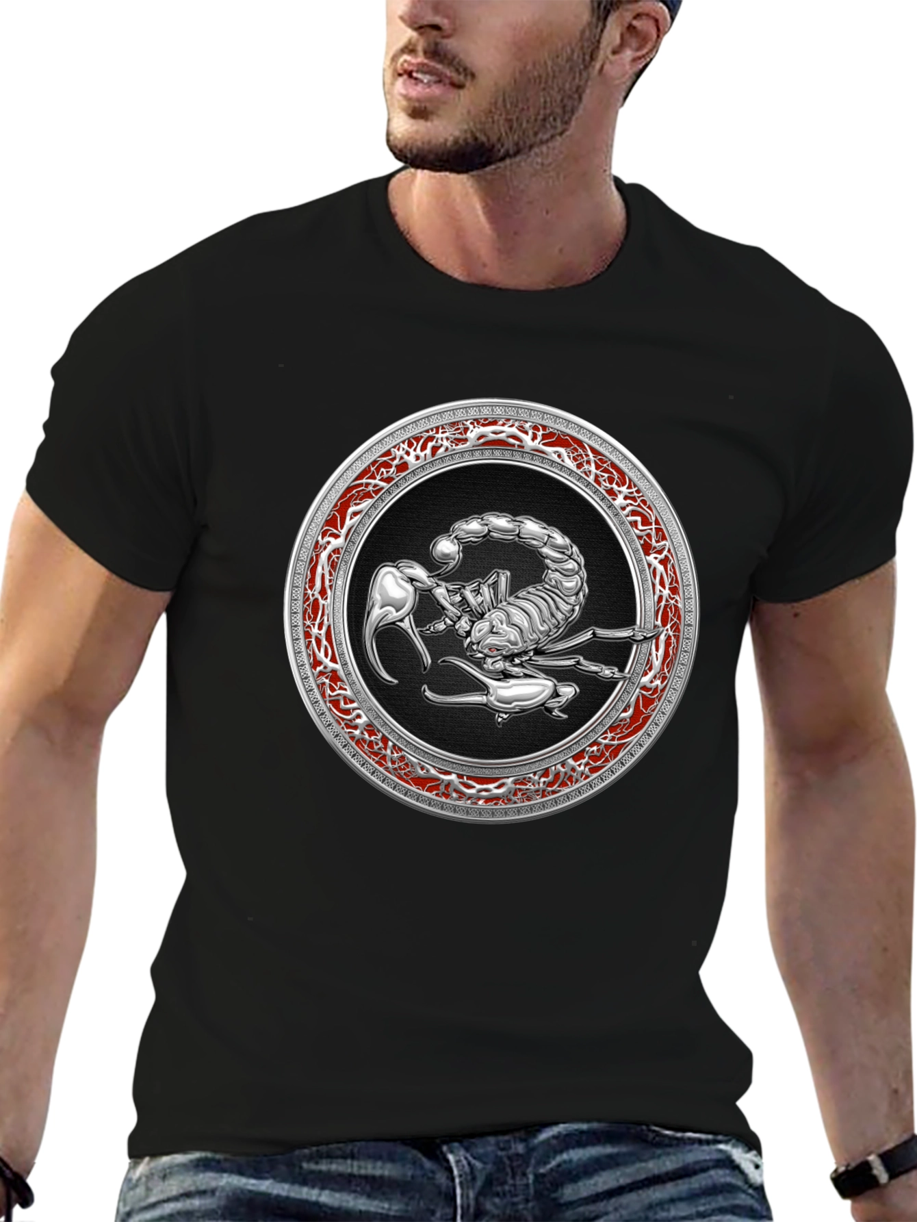 Black Scorpion Graphic Tee - Bold Silver Zodiac Design view 6