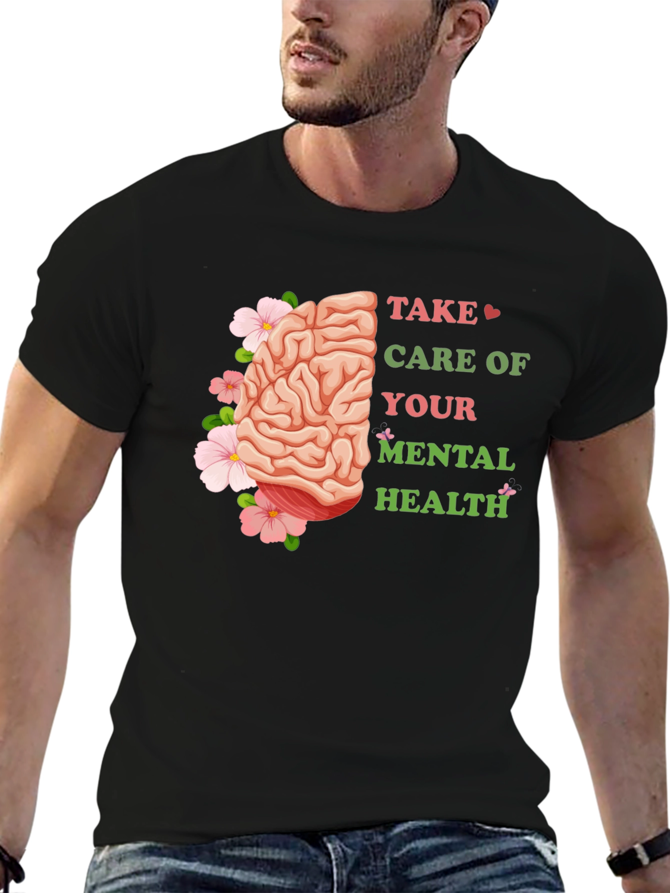 Black Mental Health Awareness T-Shirt: Floral Brain Design view 6