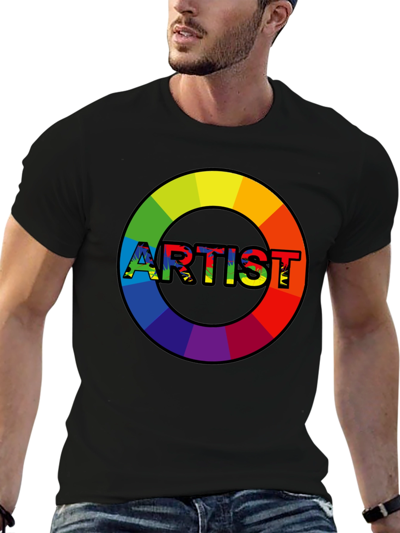 Black Rainbow Artist Circle Graphic Tee - Black Cotton Casual T-Shirt view 6