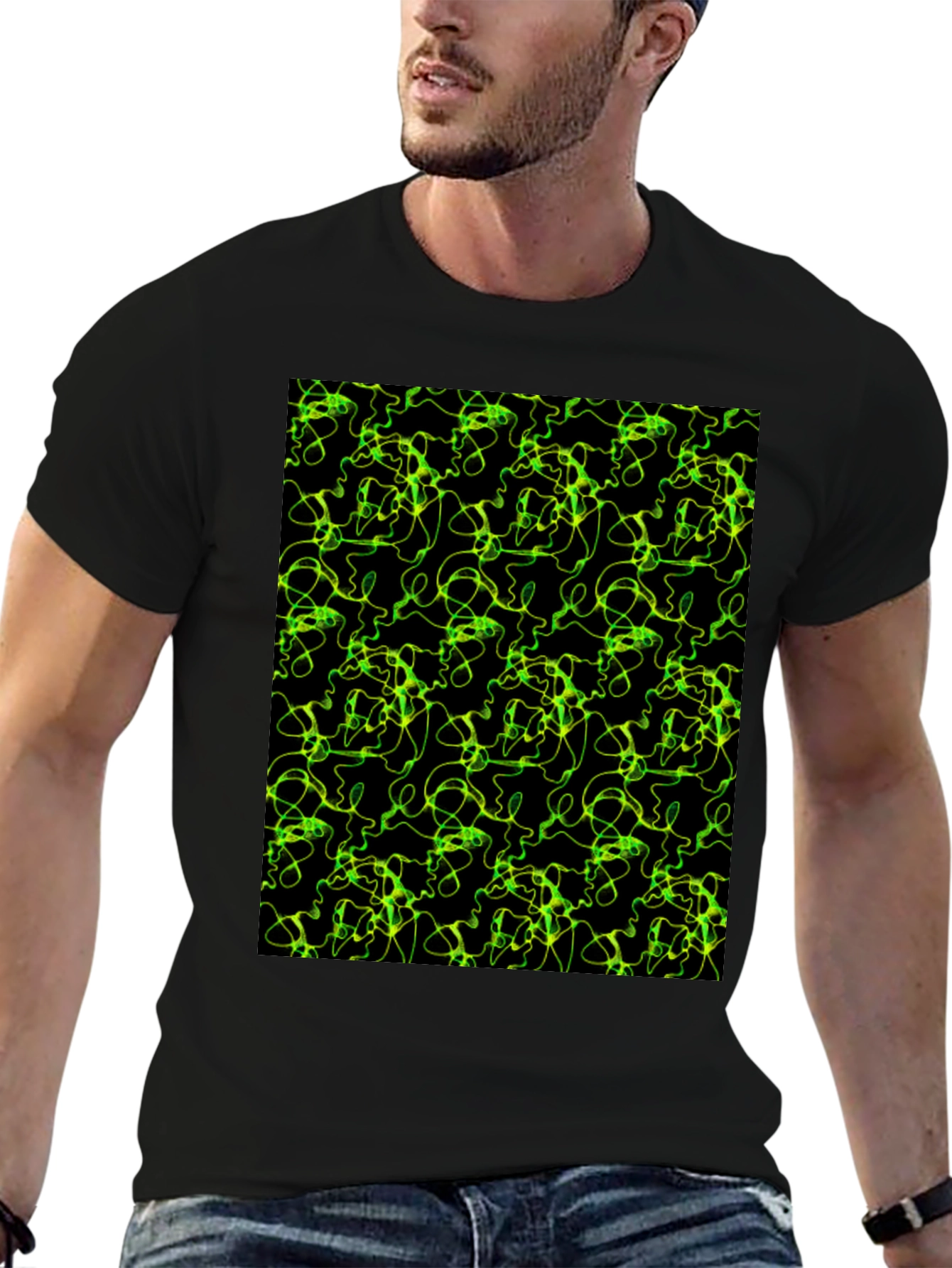 Black Abstract Green Line Pattern Black T-Shirt view 6