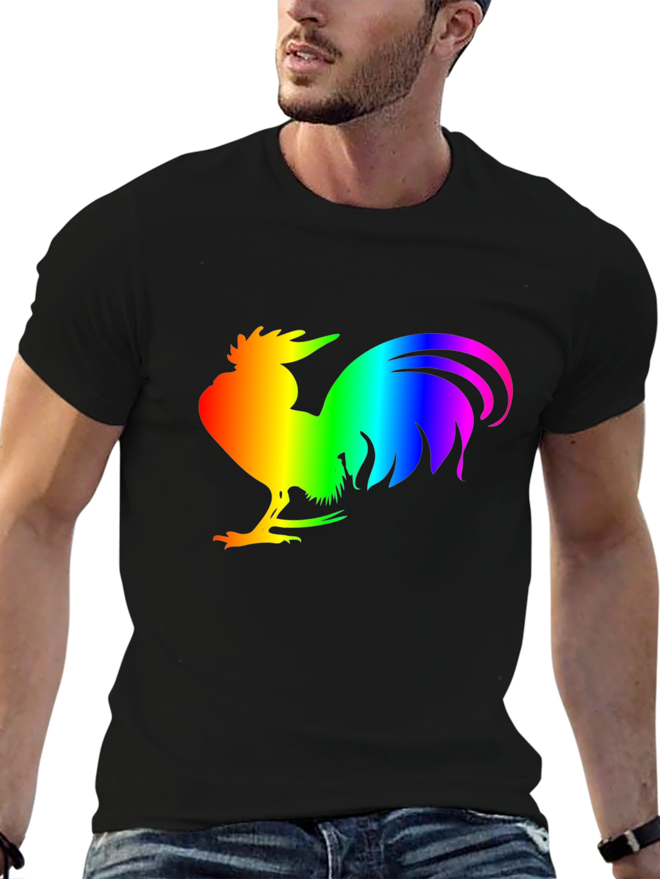 Black Rainbow Rooster Graphic Tee - Black Cotton Comfort view 6