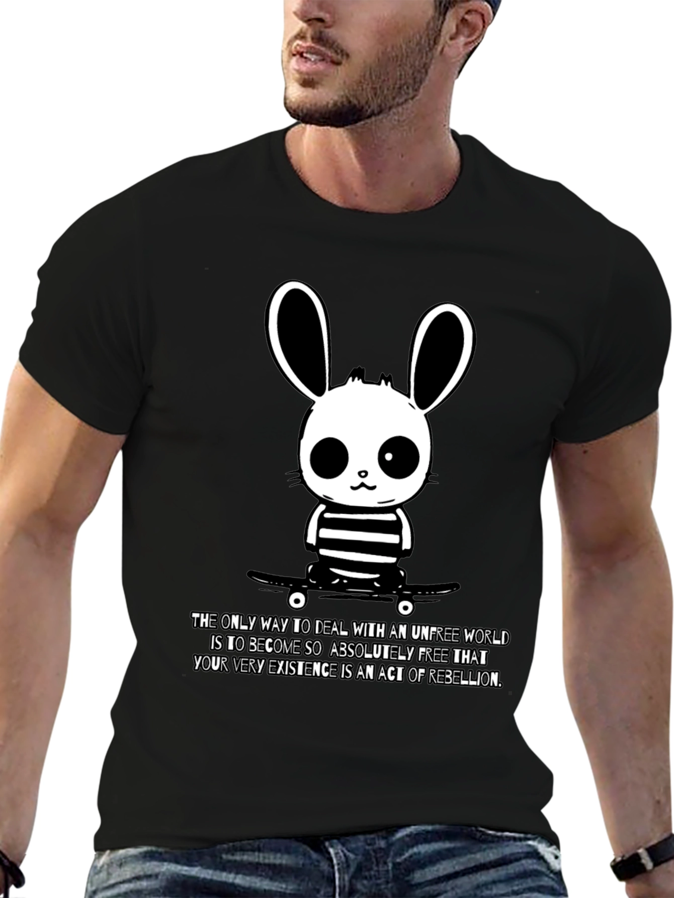 Black Rebellious Bunny Graphic Tee - Soft Black Cotton T-Shirt view 6