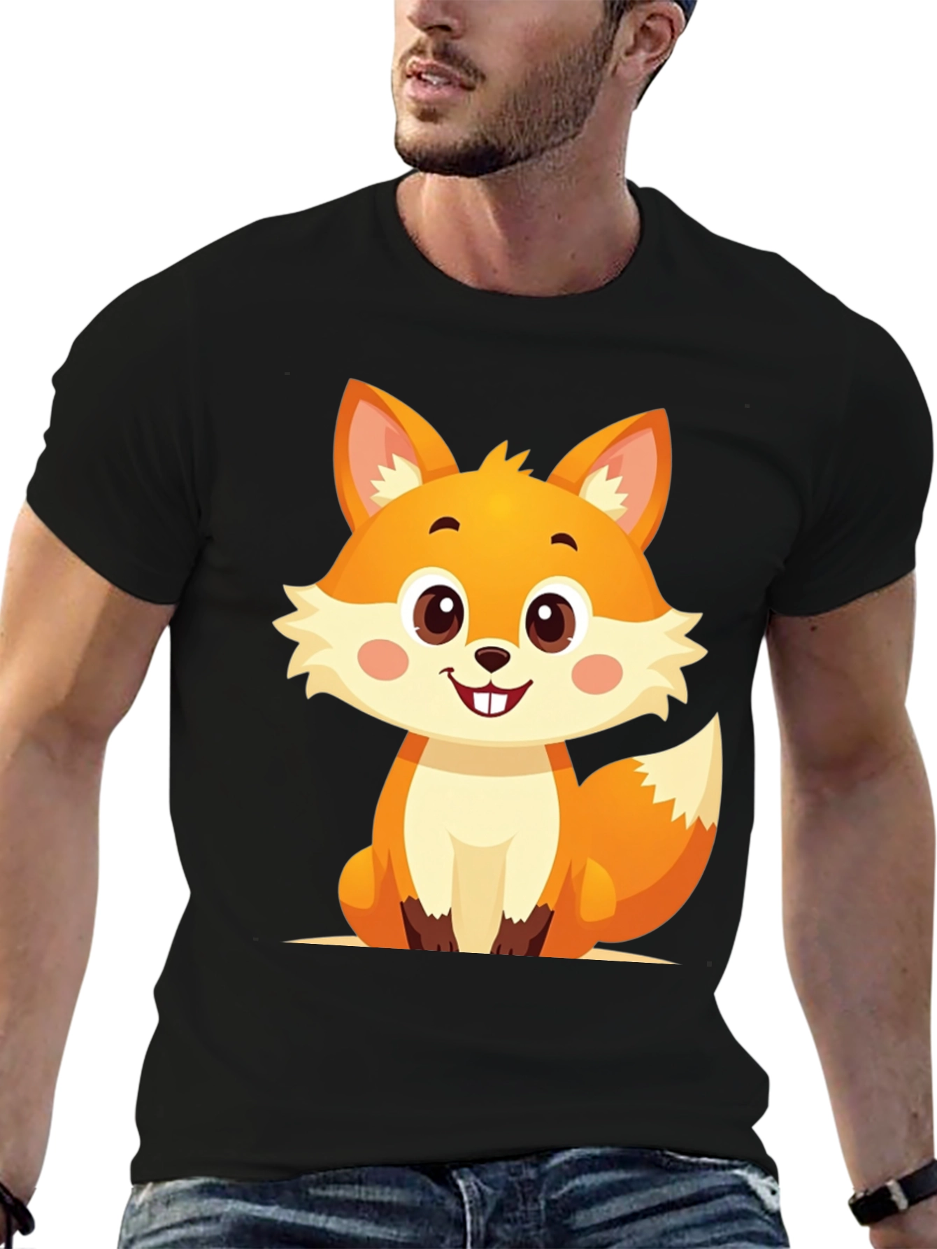 Black Cute Cartoon Fox Graphic Tee view 6
