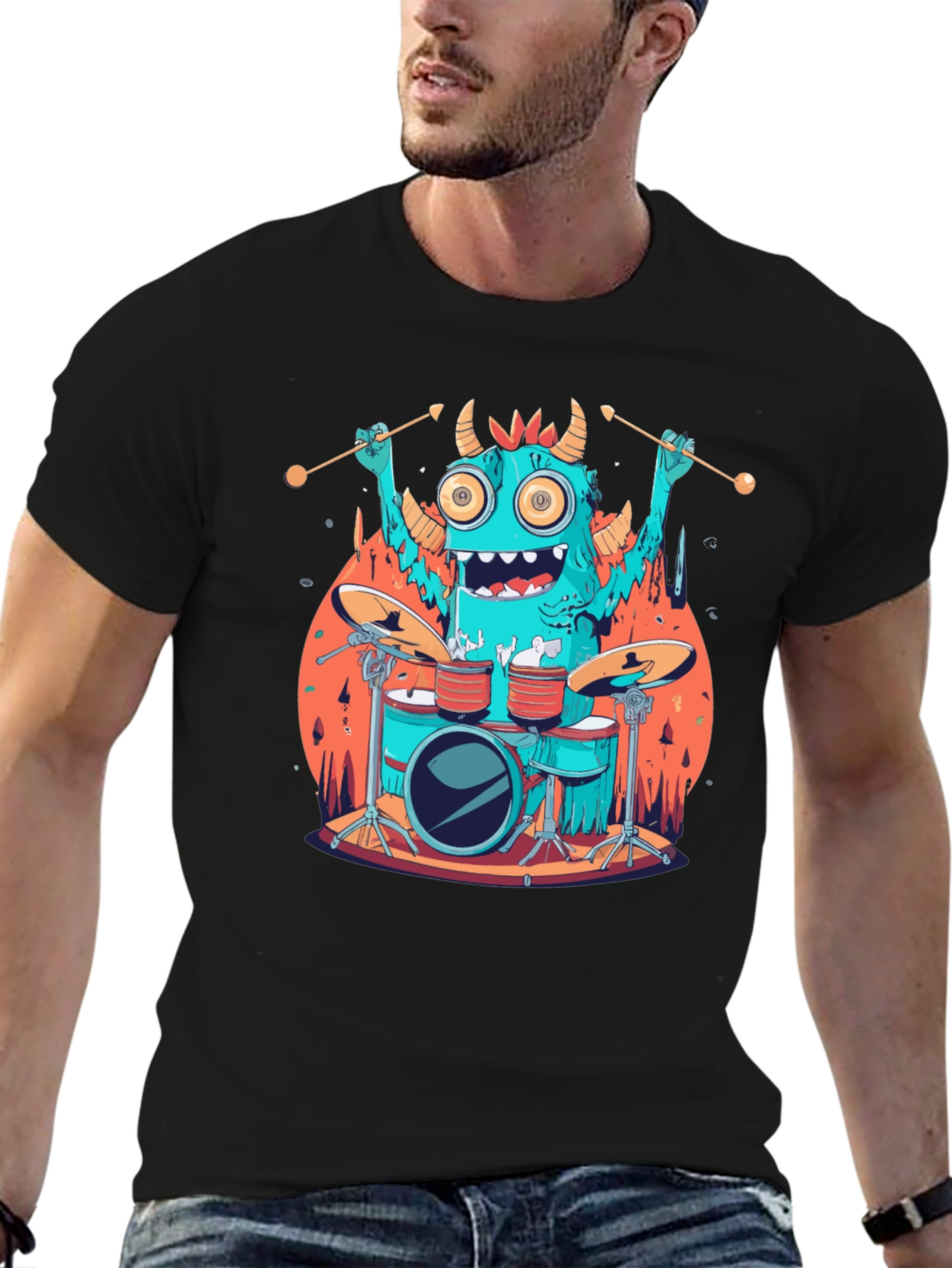 Black Monster Drummer Graphic Tee - Black Cotton T-Shirt view 6