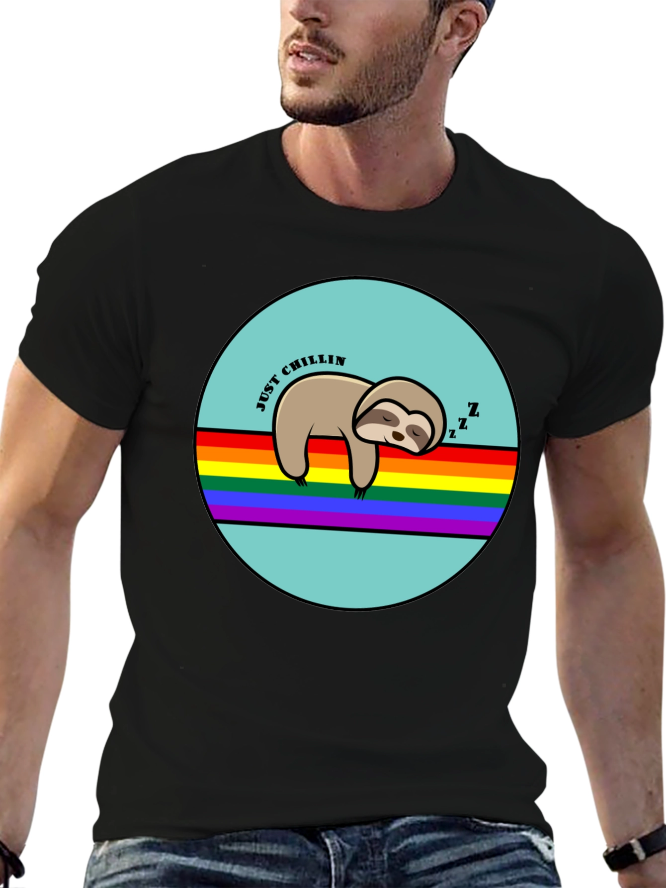 Black Just Chillin' Sloth Graphic T-Shirt - Rainbow LGBT Pride view 6