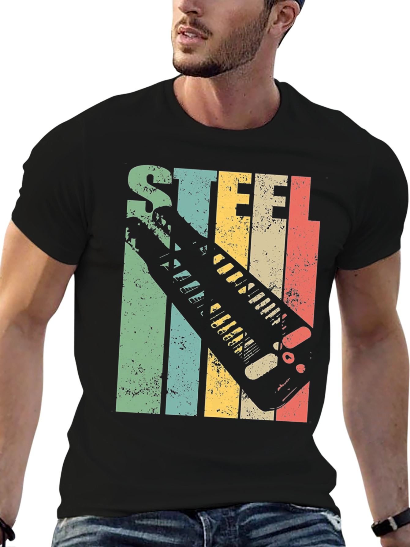 Black Steel Guitar T-Shirt - Retro Design view 6