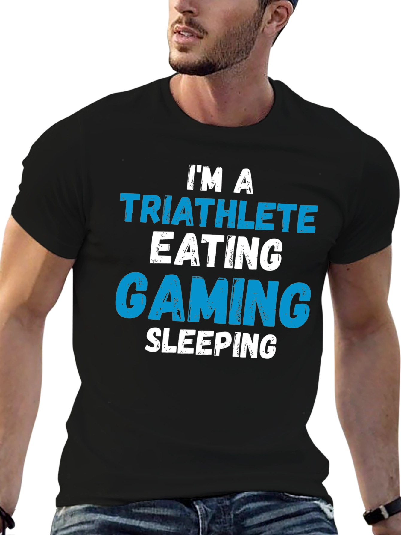 Black Triathlete Gaming Sleeping T-Shirt - Funny Sport Tee view 6
