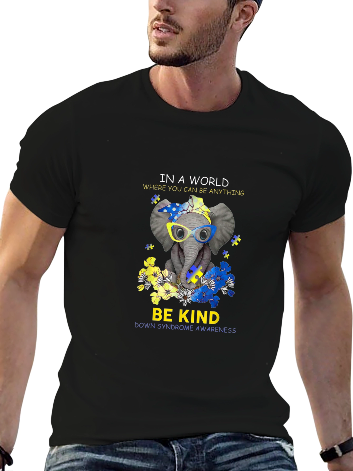 Black Be Kind Down Syndrome Awareness Elephant T-Shirt view 6