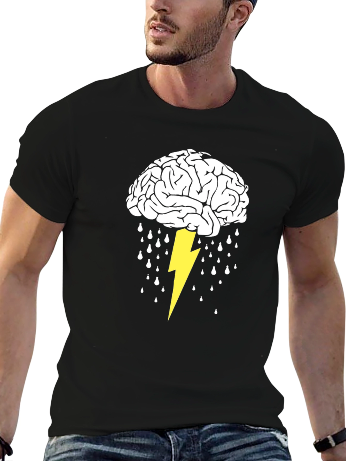Black Brainstorm T-Shirt: Lightning Strikes Idea Graphic Tee view 6