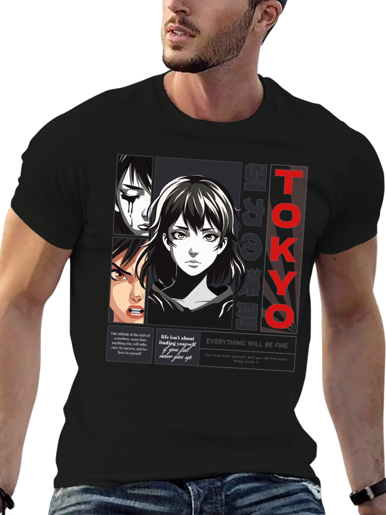 Black Anime Graphic Print T-Shirt - Tokyo Style view 6