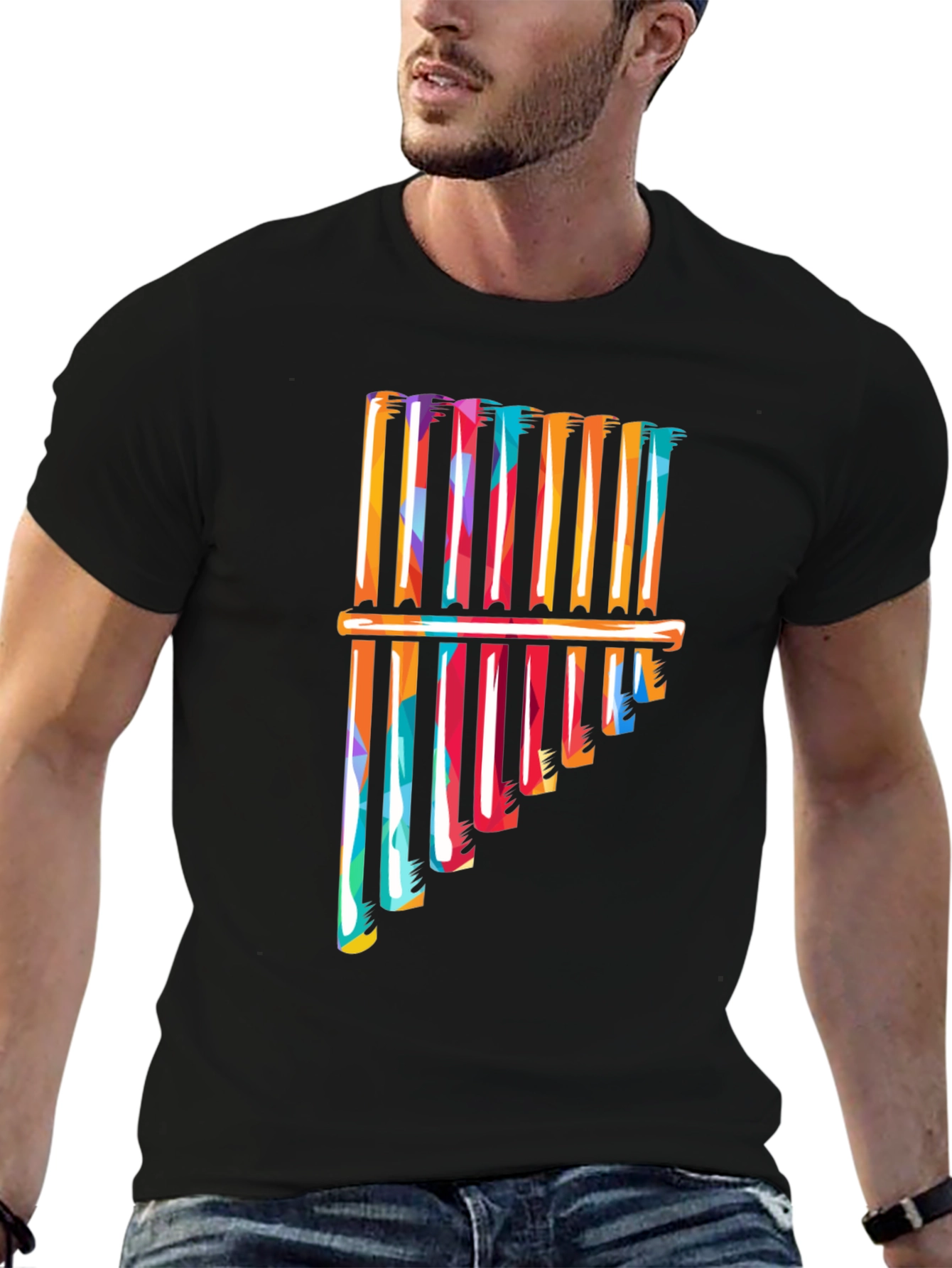 Black Colorful Pan Flute Graphic T-Shirt view 6
