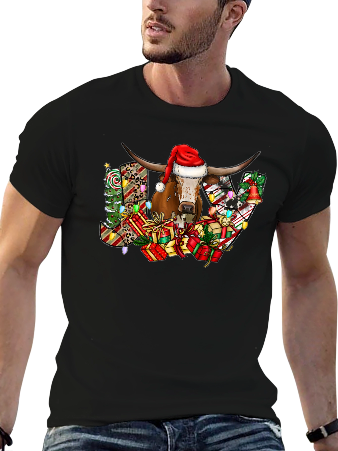 Black Festive Bull JOY Graphic Tee - Christmas Holiday Shirt view 6